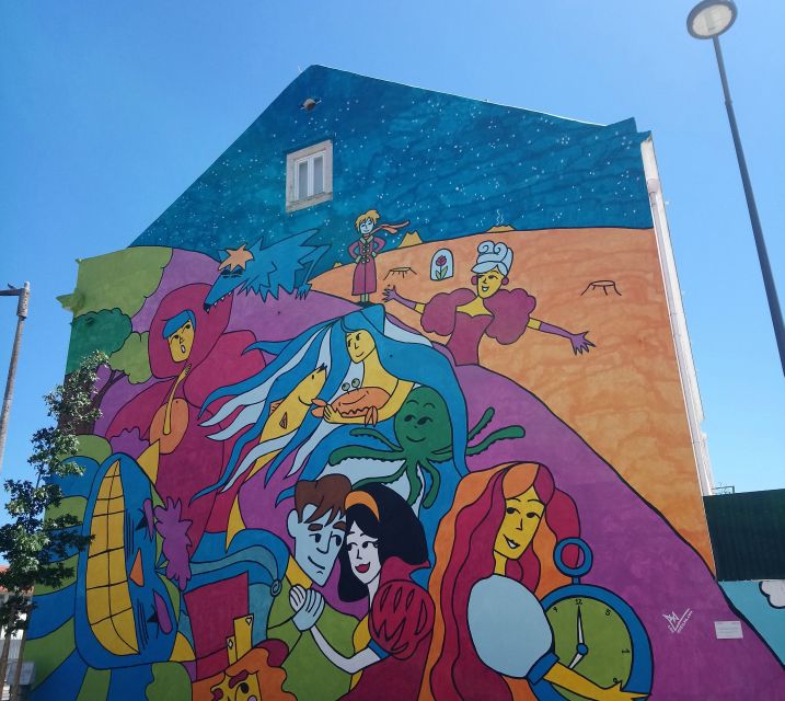 A painted warehouse wall on a street art tour